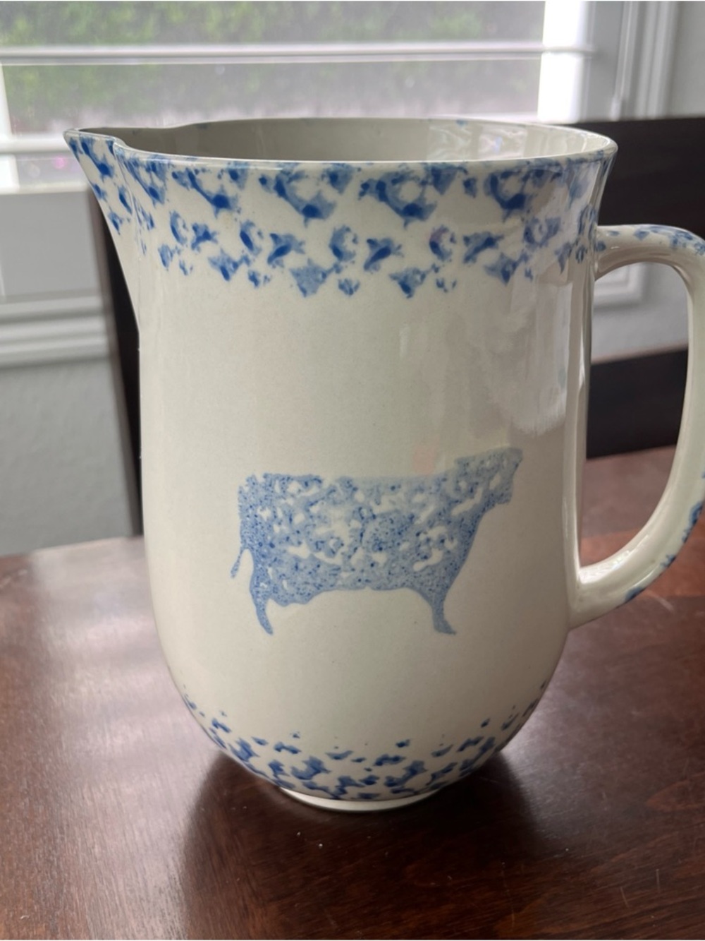 Vintage Folk Craft Tienshan Sponge Paint Pottery Milk/Water Pitcher Cow/Heart